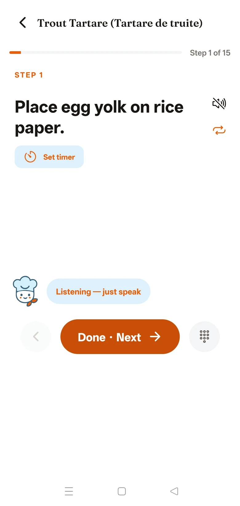 Cook Along showing one cooking step at a time with a Cook with Coco voice prompt