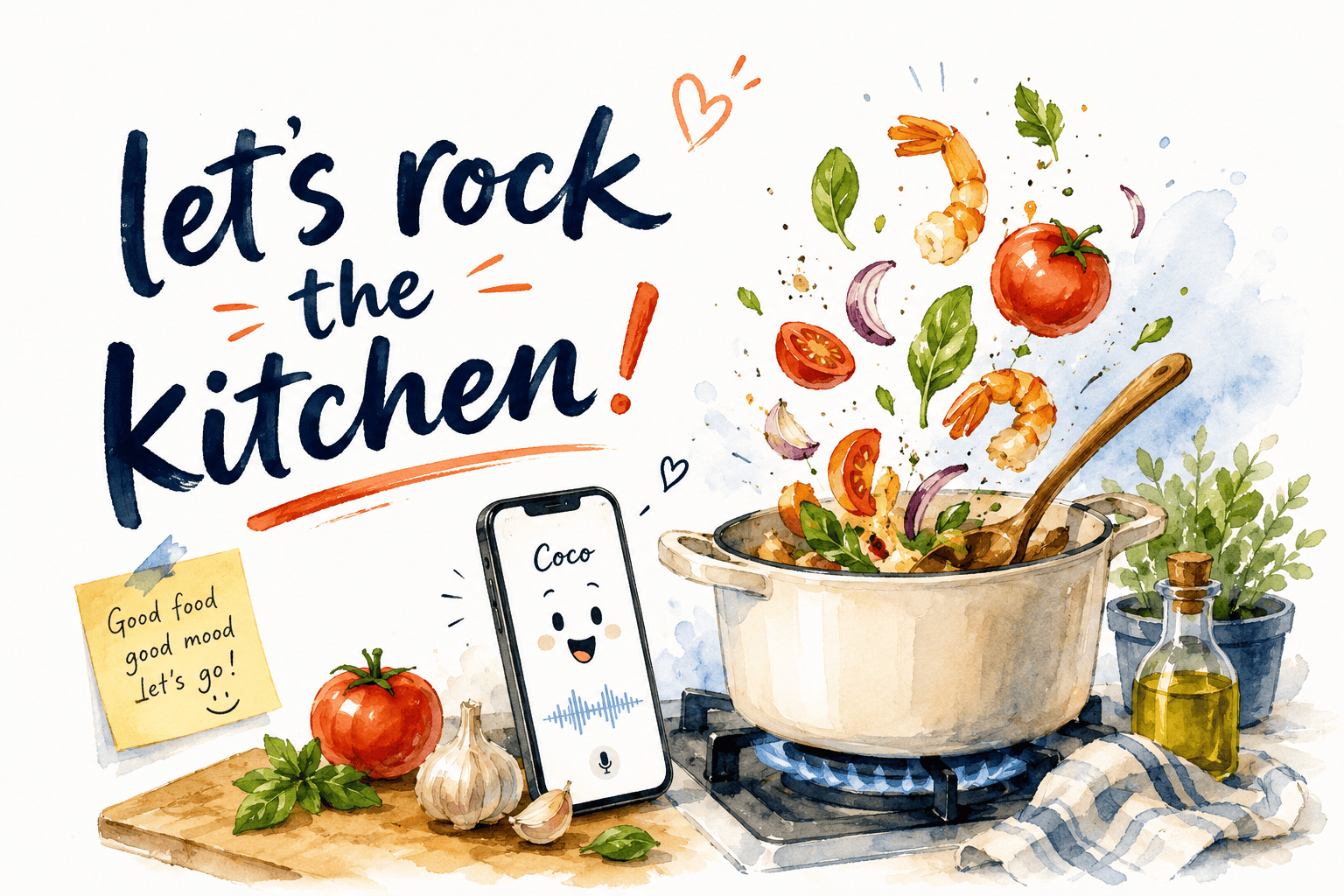 A watercolor kitchen scene with Coco beside a bubbling pot and the words Let's rock the kitchen