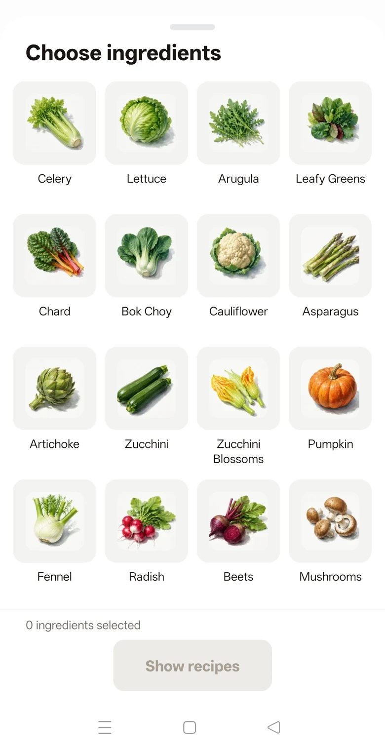 Cook Along ingredient picker for finding recipes by what's on hand