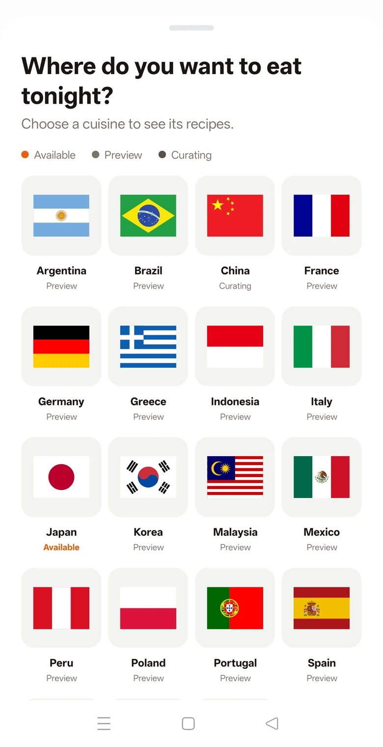 Cook Along cuisine picker asking where you want to eat tonight