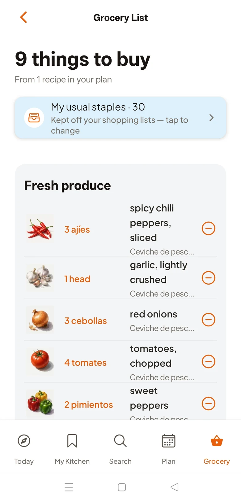 Cook Along grocery list with 9 things to buy grouped by fresh produce
