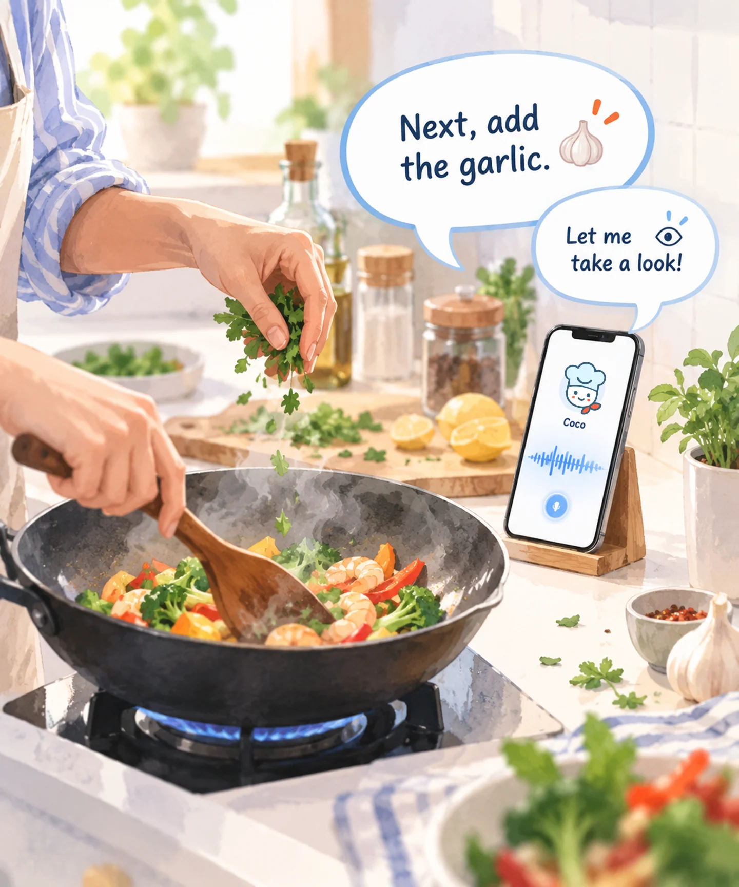A cook stirs dinner hands-free while Coco gives the next step and offers to look at the pan