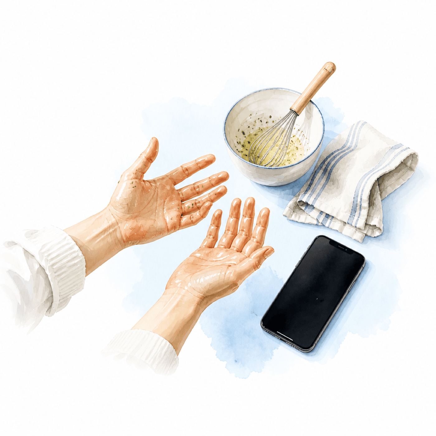 Hands preparing food while a phone guides the cook from across the counter