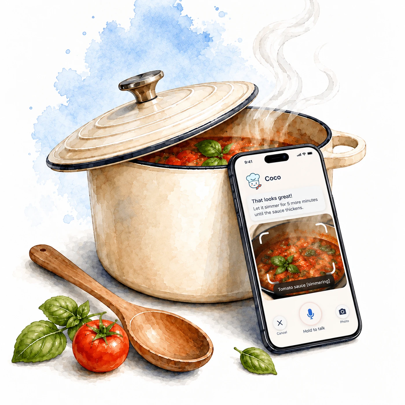 A cooking pot beside a phone where Coco is watching the sauce simmer and talking the cook through it