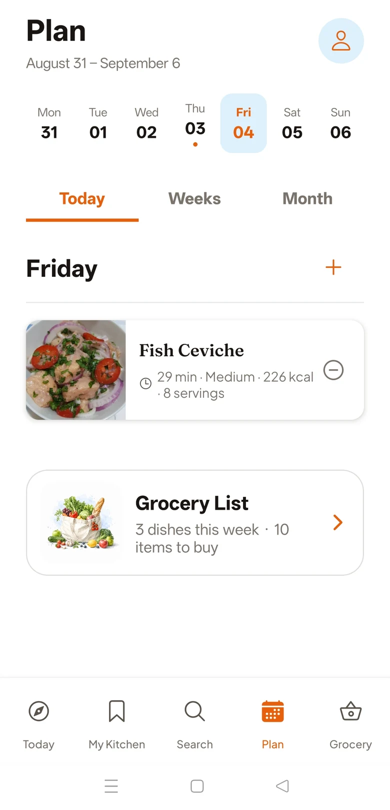 Cook Along weekly plan with Fish Ceviche scheduled for Friday and a grocery list card